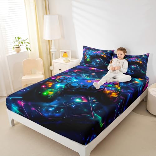Feelyou Kids Gamer Bed Sheets Set King Size, Galaxy Gaming Sheet Set Glitter Game Comforter Cover Boys Girls Gamepad Teens Bedspread Cover Bedroom Decor with 2 Pillow Case Feelyou
