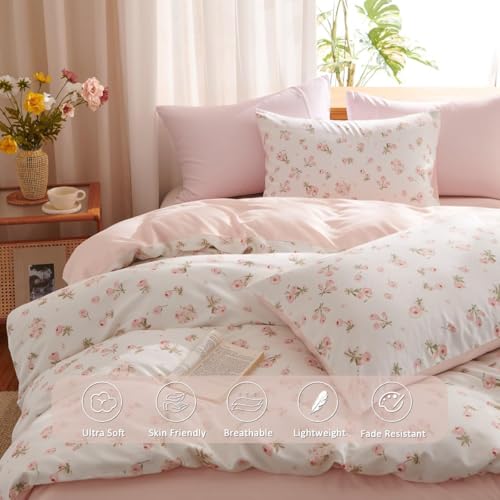Erwinmu Floral Comforter Set Full Size - 3 Pieces Pink White Floral Comforter Bedding Sets Reversible Pattern,Full Bed in a Bag with Flowers Comforter and 2 Pillowcases Erwinmu