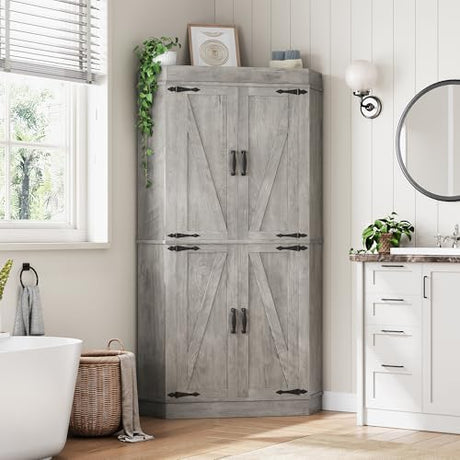 Jocoevol Corner Kitchen Pantry Storage Cabinet with Doors, Kitchen Hutch, 71'' Tall Food Storage Cabinet Furniture for Living Room, Dining Room (Grey) Jocoevol