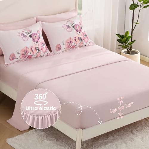 LLDSYW King Size Comforter Set - 7 Pieces Floral Comforter and Sheet Set, Pink King Size Bed in a Bag, Soft Microfiber Flower Complete Bedding Set for All Seasons（Pink,104"x90"） LLDSYW