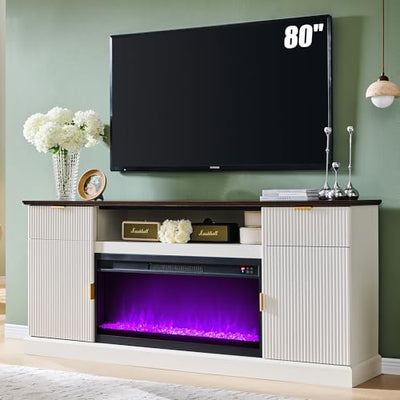 IFGET Fluted Fireplace TV Stand for TVs Up to 80 inch, Modern Entertainment Center with 36" Electric Fireplace, Wood Media Console w/Drawers and Adjustable Shelves for Living Room, Antique White