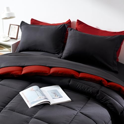 COZYART Full Comforter Set 7 Pcs, Black and Red Bed in a Bag, All Season Lightweight Soft Reversible Bedding Sets, 1 Comforter, 1 Flat Sheet, 1 Fitted Sheet, 2 Pillow Shams, 2 Pillowcases COZYART