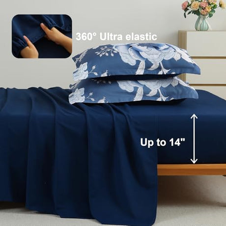 Luxudecor Floral Comforter Set Queen Size 7 Pieces Bed in a Bag,Flower Print on Blue Bedding Set,Soft Microfiber Bedding Set for All Season (Blue,90"x90") Luxudecor