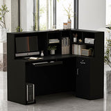 Homsee Reception Desk L-Shaped Office Desk with Counter, 1 Door Storage Cabinet, 1 Lockable Drawer, Hutch Shelf and Keyboard Tray, Black Homsee