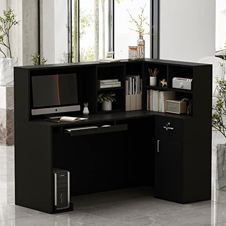 Homsee Reception Desk L-Shaped Office Desk with Counter, 1 Door Storage Cabinet, 1 Lockable Drawer, Hutch Shelf and Keyboard Tray, Black Homsee