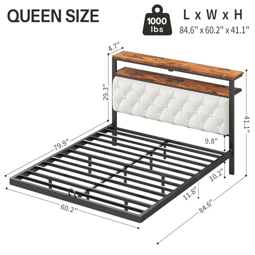 ChicZhiNest Queen Floating Bed Frame with Headboard, LED Floating Bed Frames with Charging Station and Upholstered Backrest, Storage Shelf, No Box Spring Needed, Easy Assembly, Noise-Free, Black ChicZhiNest