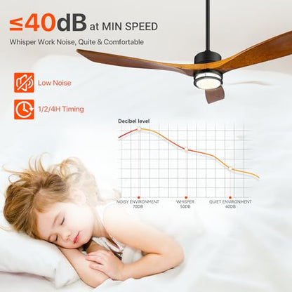 Vallerico 52'' Ceiling Fan with Lights, 3 Wood Blades Ceiling Fan with Noiseless Reversible DC Motor, Multi Speed Low Profile Ceiling Fan with Remote Control for Bedroom, Living Room, Summer  - WoodArtSupply