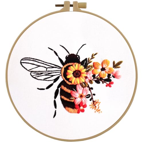 Esffaci Embroidery Starter Kit for Adult Beginner with Bee Pattern Hand Embroidery Set with Embroidery Cloth Hoop Needle Threader Embroidery Floss and Instruction