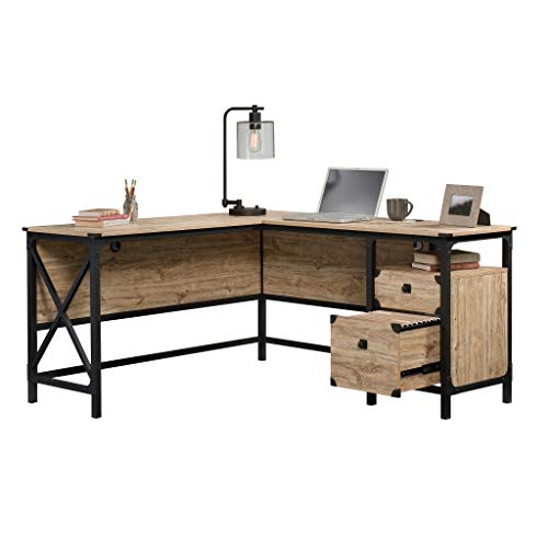 Sauder Steel River L-Shaped Desk, L: 59.84" x W: 57.32" x H: 29.53", Milled Mesquite Finish - WoodArtSupply