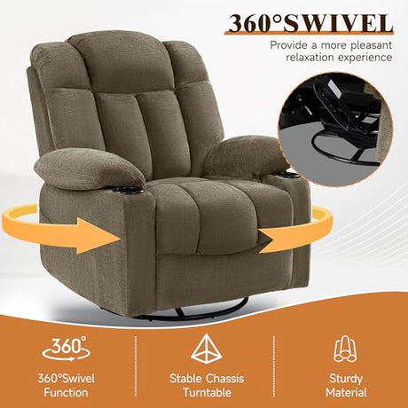 Vawobl Swivel Rocker Recliner Chair for Adults – Manual Glider Sofa with Massage, Heat & Vibration, 360° Rocking for Living Room or Nursery (Light Brown, 30"x30"x40") Vawobl