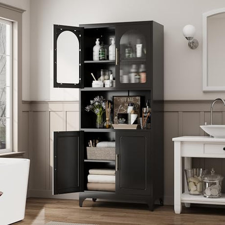 Kubohogar 75" Tall Kitchen Pantry Cabinet, Metal Storage Cabinets with Acrylic Doors and Adjustable Shelves, Hutch Cabinet with Storage, Black Microwave Stand Cabinets for Dining Living Room Kubohogar