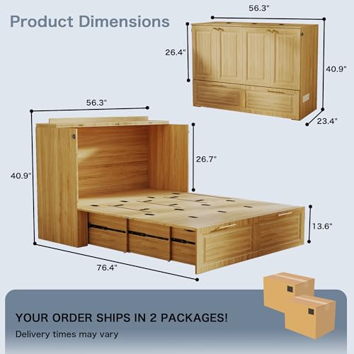 Jotirxe Full Murphy Bed Cabinet: Oak Cabinet Bed with Charging Station, Cube Murphy Beds with Drawers, Modern Hidden Beds for Small Spaces, Guest Room and Office Jotirxe