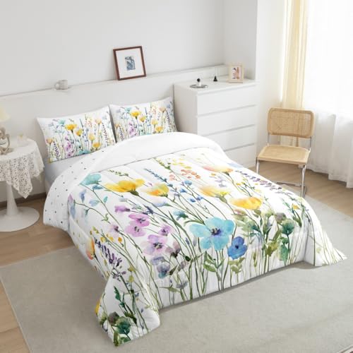 Erosebridal Spring Flower Comforter Set Twin Size, Beautiful Floral Bedding Set Natural Botanical Wildflower Quilt Rustic Farmhouse Duvet Insert for Teens Adult Women Bedroom, Aesthetic Decor Erosebridal