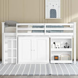 KEIKI Twin Size Low loft Bed with Pull-Out Desk, Rubber Wood Loft Bed with Storage Cabinets & Drawers & Shelves, Low Twin Bed for Kids, White KEIKI