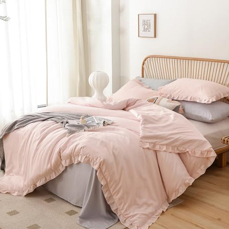 JANZAA Full Size Comforter Pink Comforter Set 3PCS 1 Ruffled Comforter Set and 2 Pillow Cases Blush Pink Bed Set Vintage Farmhouse Shabby Chic Bedding Soft All Season JANZAA