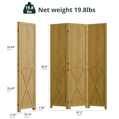 Cozy Castle Wood Room Divider, 3 Panel 66.9 Inch Privacy Screen, Folding Wall Divider, Barnwood Room Separator, Freestanding Partition, Temporary Wall for Decorative, Natural Cozy Castle