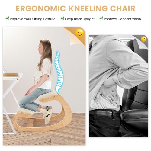 FIREFLOWERY Ergonomic Kneeling Chair, Wooden Posture Chair W/Extra Padding for Back Neck Pain Relief & Improving Posture, Rocking Meditation Stool W/Knee Support for Home Office (Beige) FIREFLOWERY
