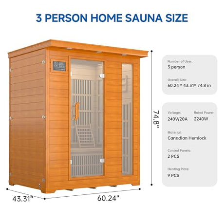 RESTISLAND 3 Person Infrared Sauna, Indoor Far Infrared Saunas for Home, 2240W Low EMF Canadian Hemlock Wooden Dry Sauna Room with 7 Chromotherapy Lamp, Bluetooth Speakers, 20 Amps RESTISLAND