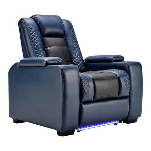 ANJ Power Home Theater Seating, PU Leather Electric Recliner Chair with Adjustable Headrest, Dual Motors Movie Reclining Chairs with LED Lights,USB Port, Cup Holders, Hidden Arm Storage (Blue & Black)