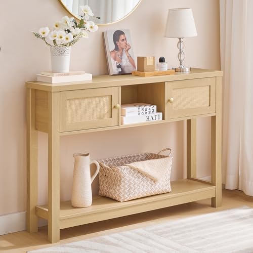 HOOBRO Console Table, 47" Rattan-Like Entryway Table with Storage, Narrow Sofa Table Behind Couch for Living Room Entry Foyer Hallway, Natural NL34XG01 HOOBRO