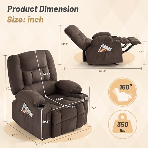 Rocker Recliner Chair with Massage and Heat, Nursery Rocking Chairs for Living Room, Ergonomic Comfy Relining Chair with Cup Holders, USB Charge Port, Side Pockets, Recliner Sofa, Brown