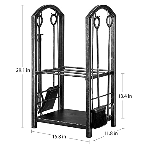 Amagabeli Firewood Rack Indoor 5 Pieces Fireplace Tools Set Fire Wood Holder with Tongs Poker Brush and Shovel Outdoor Log Rack Solid Wrought Iron Fireplace Set Kit Wood Stove Accessories Pewter AMAGABELI GARDEN & HOME