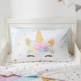 PINNKKU 4-Piece Toddler Bedding Set, Includes 1 Flat Sheet, 1 Fitted Sheet, 1 Comforter and 1 Reversible Pillowcase, Standard Toddler Comforter & Sheet Set, Ultra Soft Toddler Bed Set, Unicorn PINNKKU