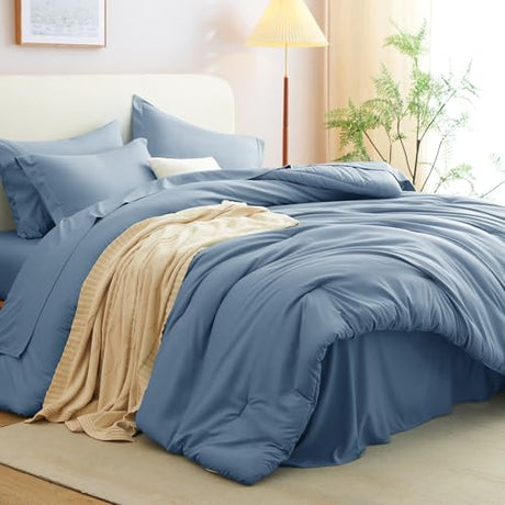 CozyLux Queen Comforter Set Grayish Blue, 7 Pieces Bed in a Bag Queen Comforter Set with Sheets, Bedding Sets with Down Alternative Comforter, Fitted Sheets, Flat Sheets, Pillow Shams and Pillowcases CozyLux