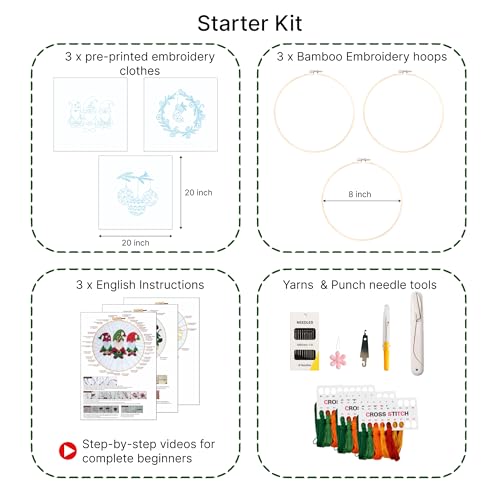 Looples Embroidery Kit for Beginners and Adults with Video Tutorials – DIY Starter Kit with 3 Stamped Floral Patterns, Hoops, Threads, Needles, and Instructions (Gnomes, Ornaments & Holiday Wreath)