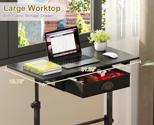 Adjustable Height Standing Desk With Drawer, Rolling Sit Stand Up Desk With Wheels, Small Sit To Stand Computer Desk, Adjustable Desktop Height, On Wheels, Black, For Walking Pad Laptop Treadmill Cidaziya