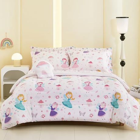 Mooreeke Twin Size Comforter Sets for Girls Kids, 6 Pieces Bed in a Bag Pink Fairy Bedding Comforter Sheet Set with Shams and Decorative Toy Pillow, Ultral Soft Microfiber Kids Bed Set Mooreeke
