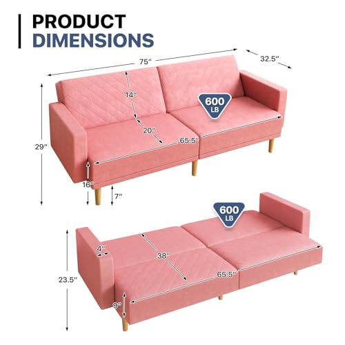 MoNiBloom 75 Inch Convertible Couch Sofa Bed, Reclining Futon Sleeper with Cloud Cushion & Ergonomics Armrest, 3 Seater Upholstered Couch, Comfy Reclining Sofa Bed for Living Room, Bedroom, Pink MoNiBloom