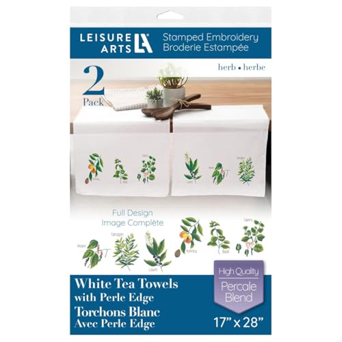 LEISURE ARTS Stamped Embroidery Tea Towels – 2 Pack Herbs Designs 17”x28” | Beginner Hand Embroidery Kit for Adults | Perle Edge Cotton Blend Towels w/DMC, Anchor & Coats Floss Guide