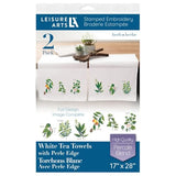 LEISURE ARTS Stamped Embroidery Tea Towels – 2 Pack Herbs Designs 17”x28” | Beginner Hand Embroidery Kit for Adults | Perle Edge Cotton Blend Towels w/DMC, Anchor & Coats Floss Guide