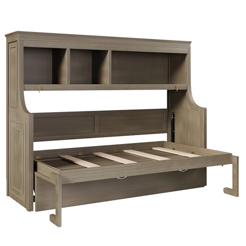 SOFTSEA Twin Size Horizontal Murphy Bed with Desk, Foldable Wall Bed Frame with Storage Shelves, Space-Saving Twin Murphy Bed Cabinet for Small Space Guest Room Home Office, Grey SOFTSEA