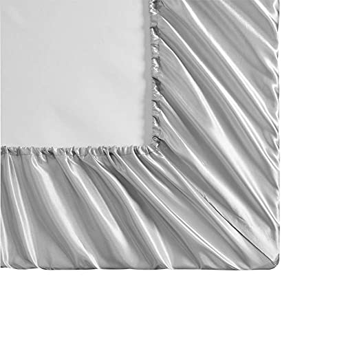 AiMay 4 Piece Twin Size Satin Bedding Sheet Pillowcase Sets Deep Pocket Silky Super Soft Solid Color 1 Flat Sheet 1 Fitted Sheet 2 Envelope Style Pillowcases Sexy Honeymoon (Twin, Silver/Light Grey) AiMay