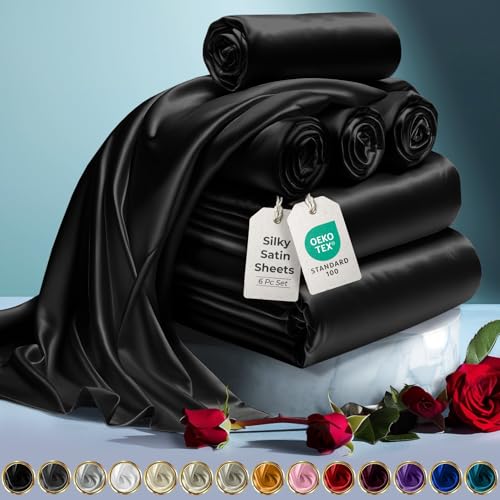 DECOLURE Satin Bed Sheets - 6 Piece Luxury Silky King Size Bedding Set - Softer Than Silk, Wrinkle-Free with 15” Deep Pocket Fitted Sheet, Perfect for Hair & Skin, Gifts for Women (Black) DECOLURE