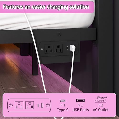 CLIBFENG Queen Bed Frame with Headboard and Footboard,Steel Slats Support-LED Bed Frame with USB Charging Station,Mattress Foundation-Under Bed Storage,No Box Spring Needed,Noise Free,Black CLIBFENG