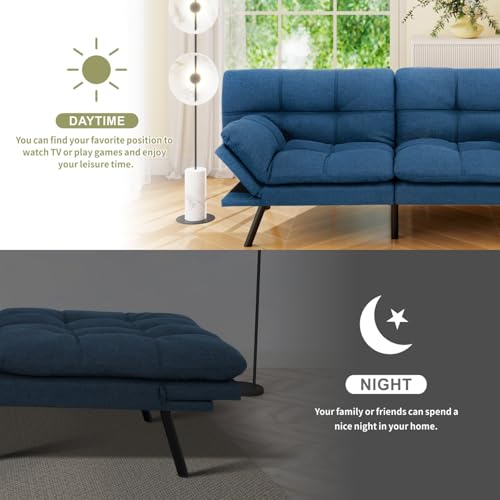 Vipbear 71" Futon Sofa Bed - Convertible Sofa Beds/Adjustable Backrest & Armrest, Comfy Loveseat Sleeper for Small Spaces, Apartments & Offices,Linen Fabric Blue Futons Vipbear