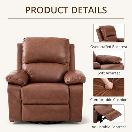 zzlay 360° Swivel Rocking Leather Recliner Chair for Adults, Overstuffed Manual Recliner with Spring Cushion, Glider Rocking Nursery Single Sofa with Side Pockets for Living Room, Camel zzlay