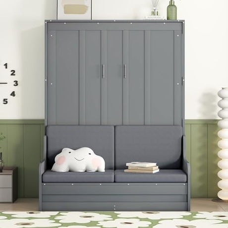DNYN Queen Size Murphy Bed for Kids/Adults Bedroom,Wooden Wall Bedframe w/Cushion Design,Super Save Space & No Box Spring Needed, Gray DNYN