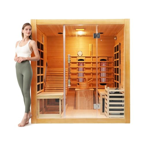 ZONEMEL Indoor Hybrid Sauna with Recliner, Canadian Hemlock Wooden Steam Infrared Sauna House for 2 or 3 People, 8mm Tempered Glass,9 Heaters, Full Spectrum & Carbon Plate & 6KW Harvia Heater, 220V ZONEMEL