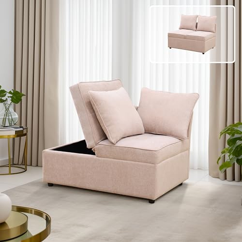 UOCFYK Convertible Ottoman Sofa with Storage, Modern Sackcloth Futon Couch with 2 Pillows Adjustable Backrest, Recliner Folding Loveseat for Living Room, Apartment Dorm, Office,Pink UOCFYK