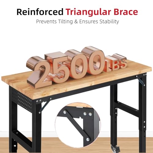 ENJOYWOOD Workbench for Garage Adjustable Height 60 x 22 Inch Work Table with Wheels Heavy Duty Rubberwood Tabletop Workbench with Pegboard, Power Outlets for Woodworking Shop, Home, Office ENJOYWOOD