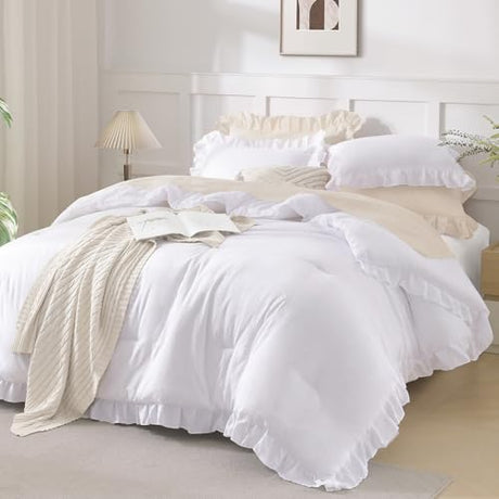 Andency Comforter Full Size Set White, 3 Pieces Ruffle Farmhouse Shabby Chic Gift Full Comforter Set, Soft Lightweight Fluffy All Season Room Decor Bed Set for Girls Women Teens Daughter Andency