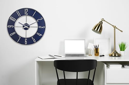 Bulova Steel Oversize Wall Clock, 27", Silver and Blue Bulova