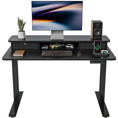 FEZIBO 40 x 24 Inch Height Adjustable Electric Standing Desk with Double Drawer, Computer Desk, Home Office Stand Up Table with 4 Height-Adjustable Feets & 2 Hooks, Black