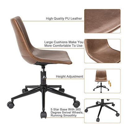 Furmax Mid Back Task Chair PU Leather Adjustable Swivel Office Chair Bucket Seat Armless Computer Chair Modern Low Back Desk Conference Chair (Brown) - WoodArtSupply