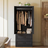 LIKIMIO Armoire Wardrobe Closet with 2 Doors and 2 Drawers 70" H x 28" W Wooden Bedroom Freestanding Wardrobe Combination for Hanging Clothes, Black LIKIMIO
