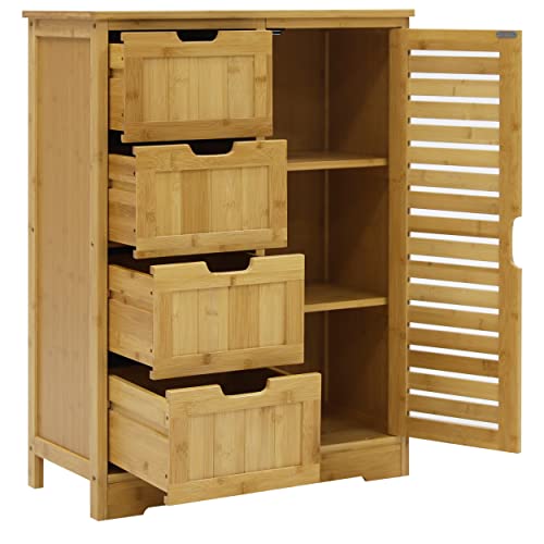 Yardenaler Bamboo Bathroom Storage Cabinet with 4 Drawers & 2 Removable Shelves, Freestanding Storage Organizer Multifunctional for Living Room, Bedroom, Natural Yardenaler
